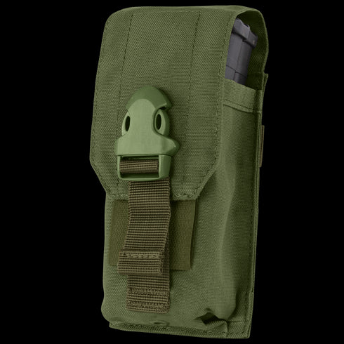 Condor Universal Rifle Mag Pouch in Olive Drab with a top flap, buckle closure, and strap, holding a partially visible magazine on the right side.