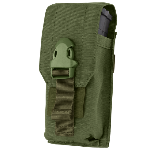 Condor Universal Rifle Mag Pouch in Olive Drab with a top flap, buckle closure, and strap, holding a partially visible magazine on the right side.