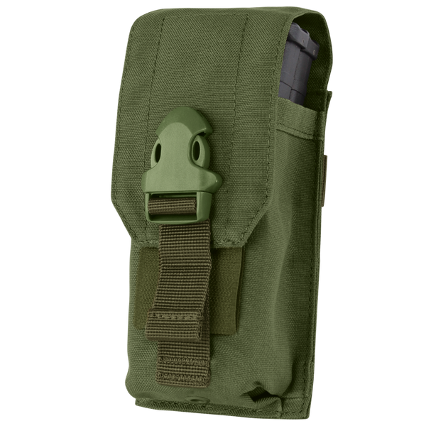 Condor Universal Rifle Mag Pouch in Olive Drab with a top flap, buckle closure, and strap, holding a partially visible magazine on the right side.