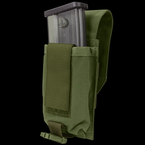 The Condor Universal Rifle Mag Pouch is a green tactical pouch with a Velcro-secured flap, designed to hold a metal magazine.