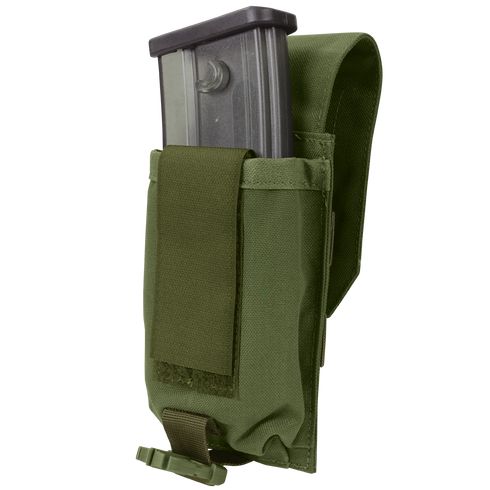 The Condor Universal Rifle Mag Pouch is a green tactical pouch with a Velcro-secured flap, designed to hold a metal magazine.