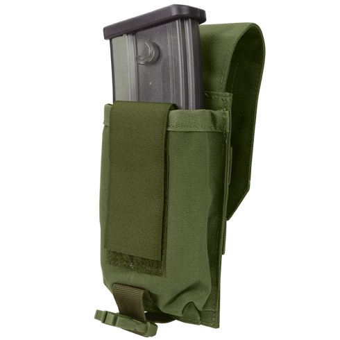 The Condor Universal Rifle Mag Pouch is a green tactical pouch with a Velcro-secured flap, designed to hold a metal magazine.