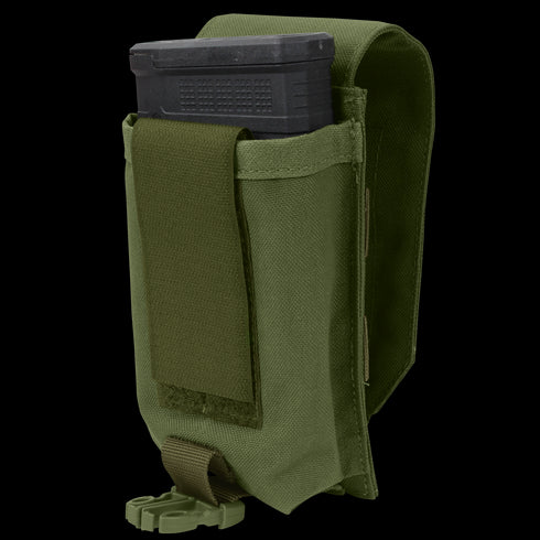 The Condor Universal Rifle Mag Pouch in olive green holds a black rifle magazine, featuring a hook-and-loop flap thats partially open and a securing strap at the bottom.