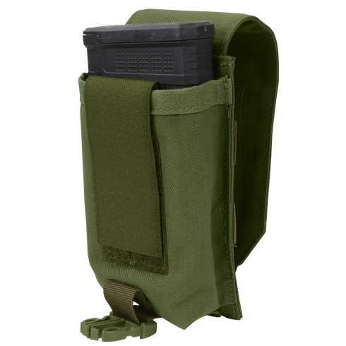 The Condor Universal Rifle Mag Pouch in olive green holds a black rifle magazine, featuring a hook-and-loop flap thats partially open and a securing strap at the bottom.