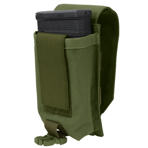 The Condor Universal Rifle Mag Pouch in olive green holds a black rifle magazine, featuring a hook-and-loop flap thats partially open and a securing strap at the bottom.