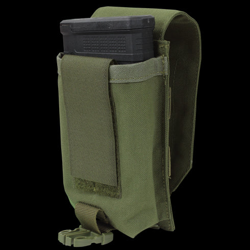 The Condor Universal Rifle Mag Pouch in Scorpion OCP securely holds a black magazine with a Velcro flap and bottom strap, making it ideal for military or law enforcement use.