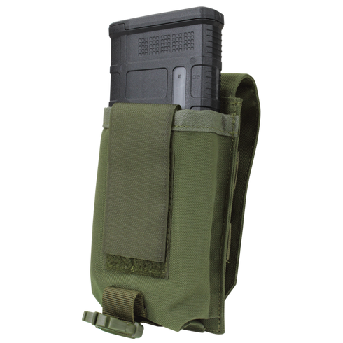 The Condor Universal Rifle Mag Pouch in MultiCam Black securely holds rifle magazines with a Velcro flap—perfect for law enforcement or use at the shooting range.