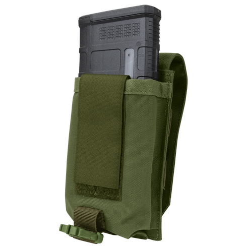 The Condor Universal Rifle Mag Pouch in green holds a black rifle magazine, with a flap partially covering the top.