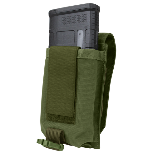 The Condor Universal Rifle Mag Pouch in green holds a black rifle magazine, with a flap partially covering the top.