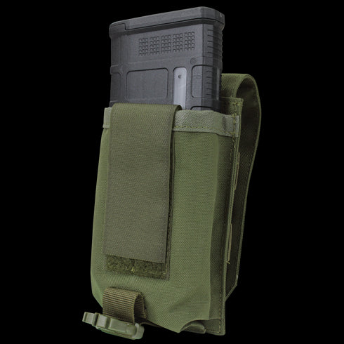 The Condor Universal Rifle Mag Pouch - Scorpion OCP securely holds a black rifle magazine with a Velcro flap and side strap—perfect for law enforcement or first responder gear.