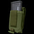 The Condor Universal Rifle Mag Pouch in green holds a black rifle magazine, with a flap partially covering the top.