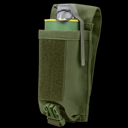 A green Condor Universal Rifle Mag Pouch holds a grenade, with its pull ring and safety lever visible at the top.
