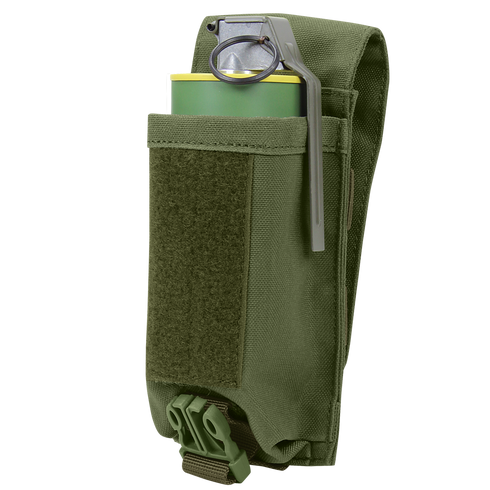 A green Condor Universal Rifle Mag Pouch holds a grenade, with its pull ring and safety lever visible at the top.
