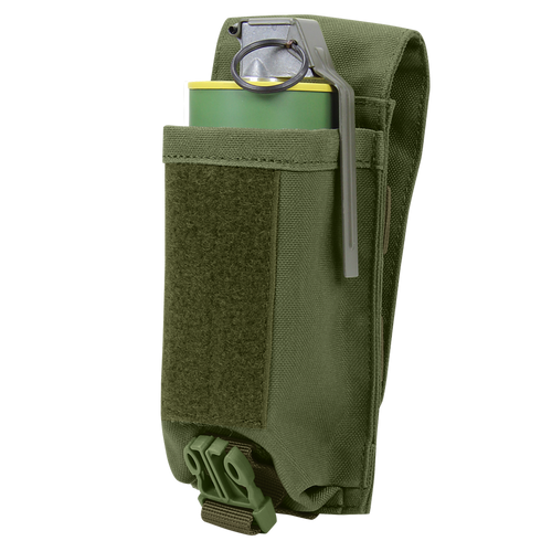 A green Condor Universal Rifle Mag Pouch holds a grenade, with its pull ring and safety lever visible at the top.