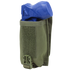 The Condor Universal Rifle Mag Pouch in Scorpion OCP holds a blue training pistol, ideal for law enforcement or first responders, and features a durable clip and Velcro closure on the front.