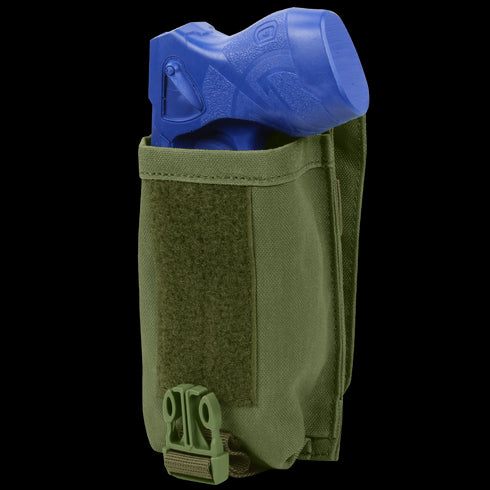A Universal Rifle Mag Pouch by Condor in green, featuring a buckle and Velcro closure, holds a blue training pistol partially inside.