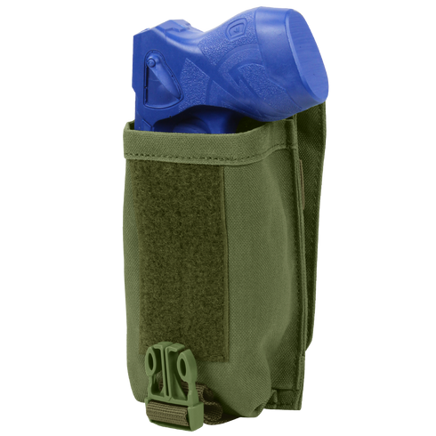 A Universal Rifle Mag Pouch by Condor in green, featuring a buckle and Velcro closure, holds a blue training pistol partially inside.
