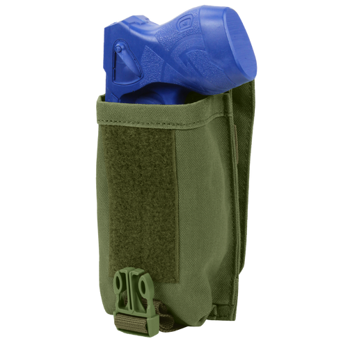 A Universal Rifle Mag Pouch by Condor in green, featuring a buckle and Velcro closure, holds a blue training pistol partially inside.
