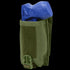 A Universal Rifle Mag Pouch by Condor in green, featuring a buckle and Velcro closure, holds a blue training pistol partially inside.