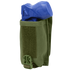 A Universal Rifle Mag Pouch by Condor in green, featuring a buckle and Velcro closure, holds a blue training pistol partially inside.