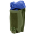 A Universal Rifle Mag Pouch by Condor in green, featuring a buckle and Velcro closure, holds a blue training pistol partially inside.