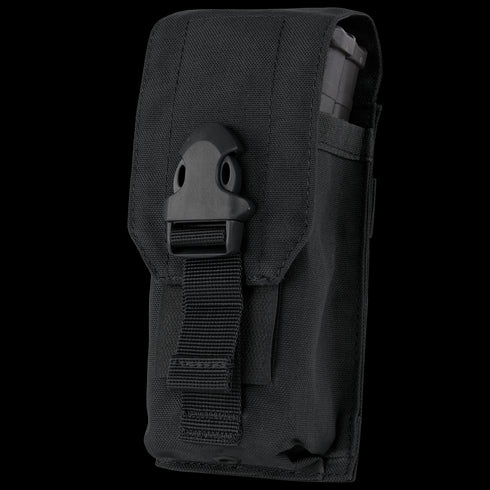 The Condor Universal Rifle Mag Pouch is a black tactical nylon pouch with a buckle closure for EDC, featuring a visible magazine partially inserted in the side pocket.