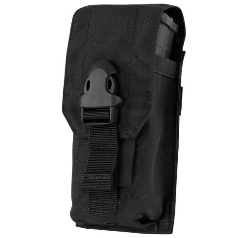 The Condor Universal Rifle Mag Pouch is a black tactical nylon pouch with a buckle closure for EDC, featuring a visible magazine partially inserted in the side pocket.