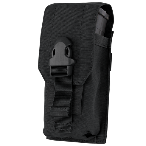 The Condor Universal Rifle Mag Pouch is a black tactical nylon pouch with a buckle closure for EDC, featuring a visible magazine partially inserted in the side pocket.