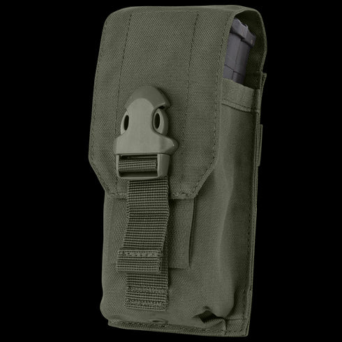 The Condor Universal Rifle Mag Pouch is a green tactical nylon pouch with a flap closure, secured by a plastic buckle and strap; often used in bushcraft and law enforcement, it holds a rifle mag partially visible at the top.