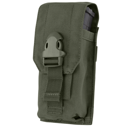 The Condor Universal Rifle Mag Pouch is a green tactical nylon pouch with a flap closure, secured by a plastic buckle and strap; often used in bushcraft and law enforcement, it holds a rifle mag partially visible at the top.