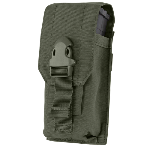 The Condor Universal Rifle Mag Pouch is a green tactical nylon pouch with a flap closure, secured by a plastic buckle and strap; often used in bushcraft and law enforcement, it holds a rifle mag partially visible at the top.