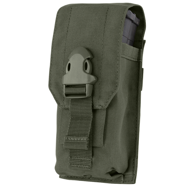 The Condor Universal Rifle Mag Pouch is a green tactical nylon pouch with a flap closure, secured by a plastic buckle and strap; often used in bushcraft and law enforcement, it holds a rifle mag partially visible at the top.