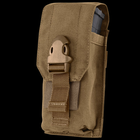 The Condor Universal Rifle Mag Pouch in tan features a buckle closure and side pocket, holding a rifle magazine partially visible at the top—ideal for law enforcement or shooting range use.