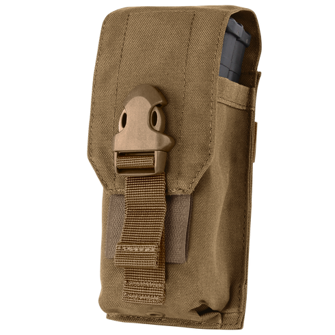 The Condor Universal Rifle Mag Pouch in tan features a buckle closure and side pocket, holding a rifle magazine partially visible at the top—ideal for law enforcement or shooting range use.