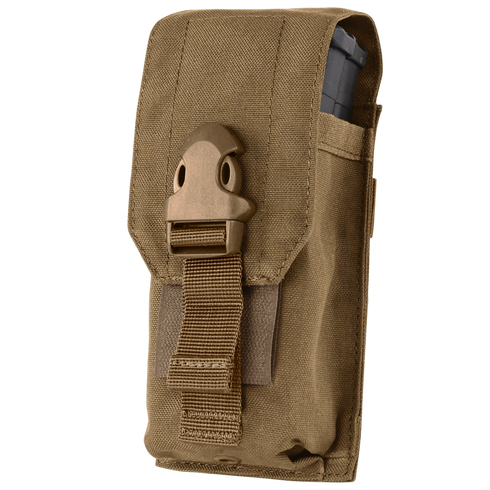 The Condor Universal Rifle Mag Pouch in tan features a buckle closure and side pocket, holding a rifle magazine partially visible at the top—ideal for law enforcement or shooting range use.
