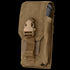 The Condor Universal Rifle Mag Pouch in tan features a buckle closure and side pocket, holding a rifle magazine partially visible at the top—ideal for law enforcement or shooting range use.