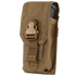 The Condor Universal Rifle Mag Pouch in tan features a buckle closure and side pocket, holding a rifle magazine partially visible at the top—ideal for law enforcement or shooting range use.