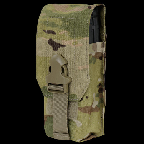 The Condor Universal Rifle Mag Pouch in Scorpion OCP features a camouflage pattern, buckle closure, and holds a partially visible magazine.