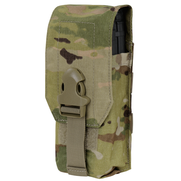 The Condor Universal Rifle Mag Pouch in Scorpion OCP features a camouflage pattern, buckle closure, and holds a partially visible magazine.