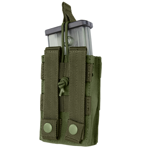 The Condor Single G36 Open-Top Mag Pouch is a green tactical pouch featuring two snap-button straps and a drawstring closure, shown here with a clear magazine inserted.