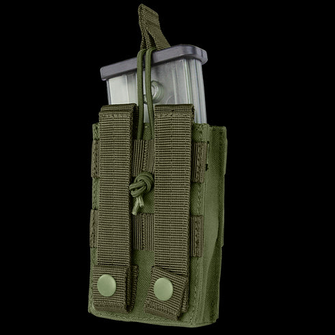 The Condor Single G36 Open-Top Mag Pouch is a green tactical pouch featuring two snap-button straps and a drawstring closure, shown here with a clear magazine inserted.