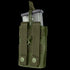 The Condor Single G36 Open-Top Mag Pouch is a green tactical pouch featuring two snap-button straps and a drawstring closure, shown here with a clear magazine inserted.