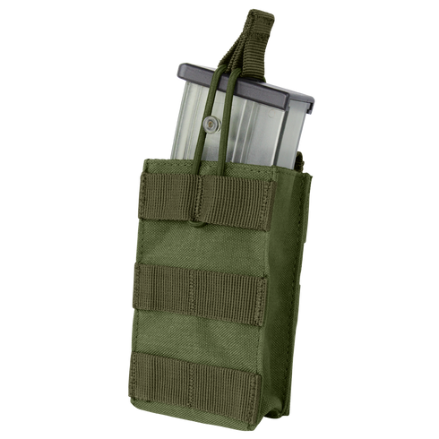 The Condor Single G36 Open-Top Mag Pouch in Olive Drab holds a metal magazine, features front MOLLE webbing, and is secured with a strap.