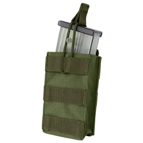 The Condor Single G36 Open-Top Mag Pouch in Olive Drab holds a metal magazine, features front MOLLE webbing, and is secured with a strap.