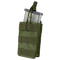 The Condor Single G36 Open-Top Mag Pouch in Olive Drab holds a metal magazine, features front MOLLE webbing, and is secured with a strap.