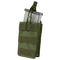 The Condor Single G36 Open-Top Mag Pouch in Olive Drab holds a metal magazine, features front MOLLE webbing, and is secured with a strap.
