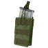 The Condor Single G36 Open-Top Mag Pouch in Olive Drab holds a metal magazine, features front MOLLE webbing, and is secured with a strap.