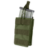 The Condor Single G36 Open-Top Mag Pouch in Olive Drab holds a metal magazine, features front MOLLE webbing, and is secured with a strap.