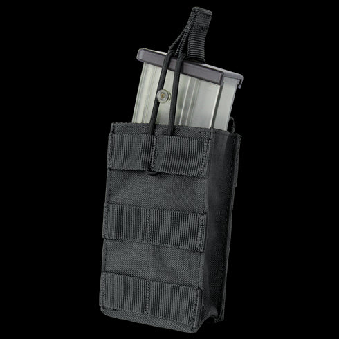 The Condor Single G36 Open-Top Mag Pouch holds a transparent rifle magazine, secured with a retention strap—ideal for tactical or law enforcement use.