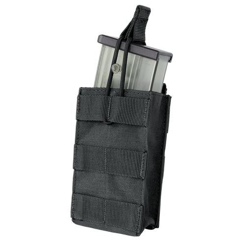 The Condor Single G36 Open-Top Mag Pouch holds a transparent rifle magazine, secured with a retention strap—ideal for tactical or law enforcement use.